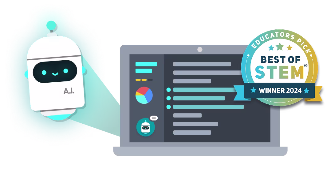 Illustration of a smiling AI robot next to a laptop displaying charts and lines of code. A large badge on the right reads “Best of STEM – Educators' Pick – Winner 2024".